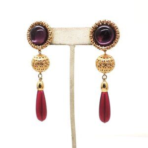 Vintage Signed Napier Limited Edition Faux-Amethyst & Ruby Drop Pierced Earrings